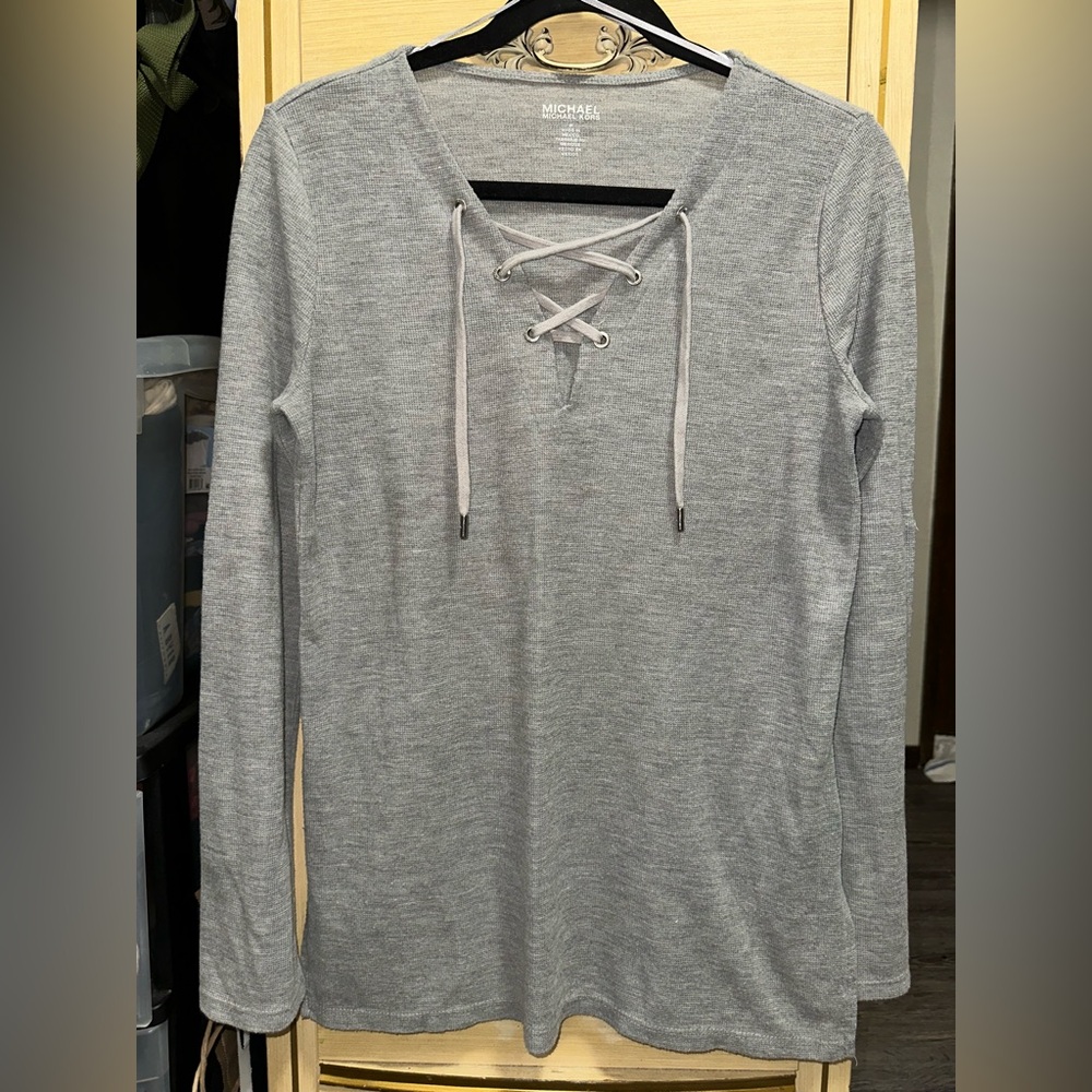 Michael Kors Gray Lace-Up Long Sleeve Top Size Medium
